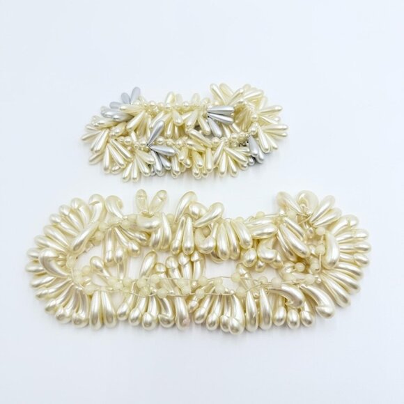 Vintage Wedding Hair Accessory Bracelet Kidney Shaped Faux Pearls Sets - Picture 6 of 10